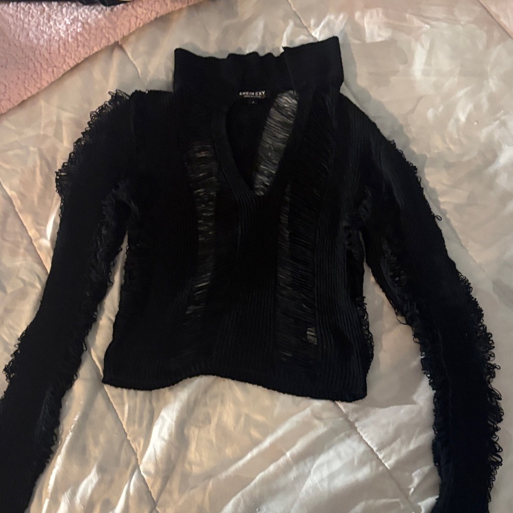 SHEIN Black Textured Long Sleeve Blouse